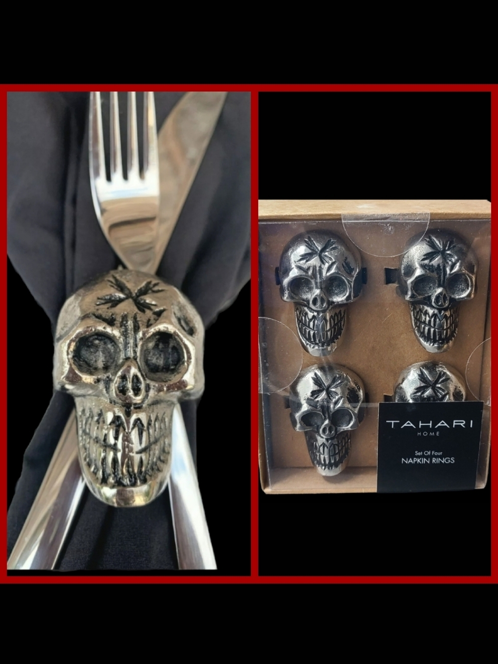 4pc Set Chunky Silver Metal Gothic Skull Head Halloween Napkin Rings by Tahari